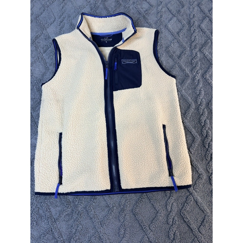 Vineyard Vines Boys Sherpa Fleece Vest Cream Navy Blue Full Zip Size 18